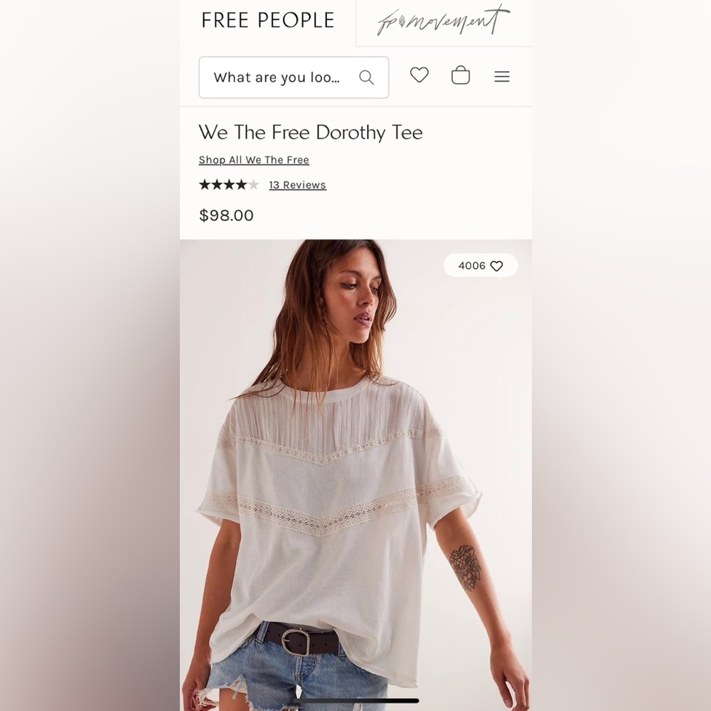 Free People White Lace Detail Short Sleeve Tee